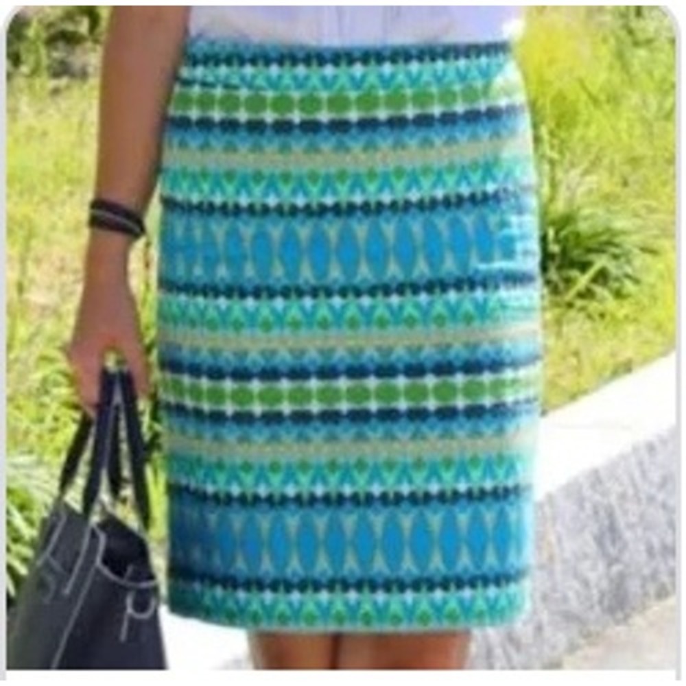 J. Crew The Pencil Skirt‎ Lined Multicolor Size 4 100% Cotton Turquoise Blue